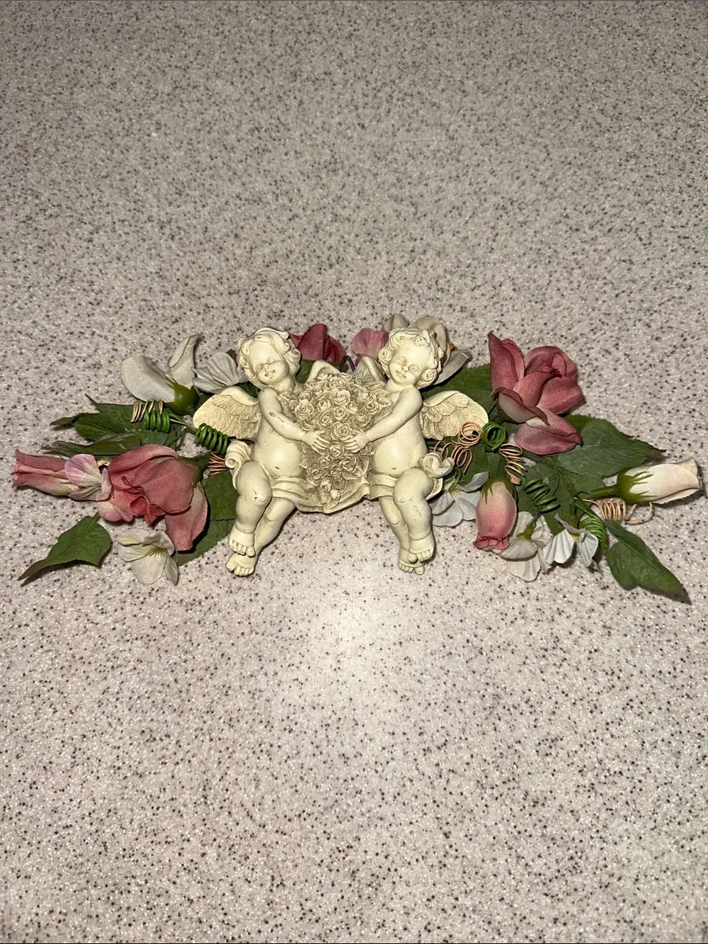 Vintage Cherub Wall Accent with Pink Floral Garland - Wall Hanging Angels Roses